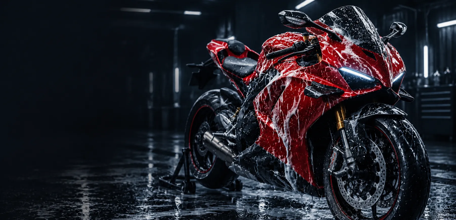 Motorrad wird professionell mit Schaum gereinigt