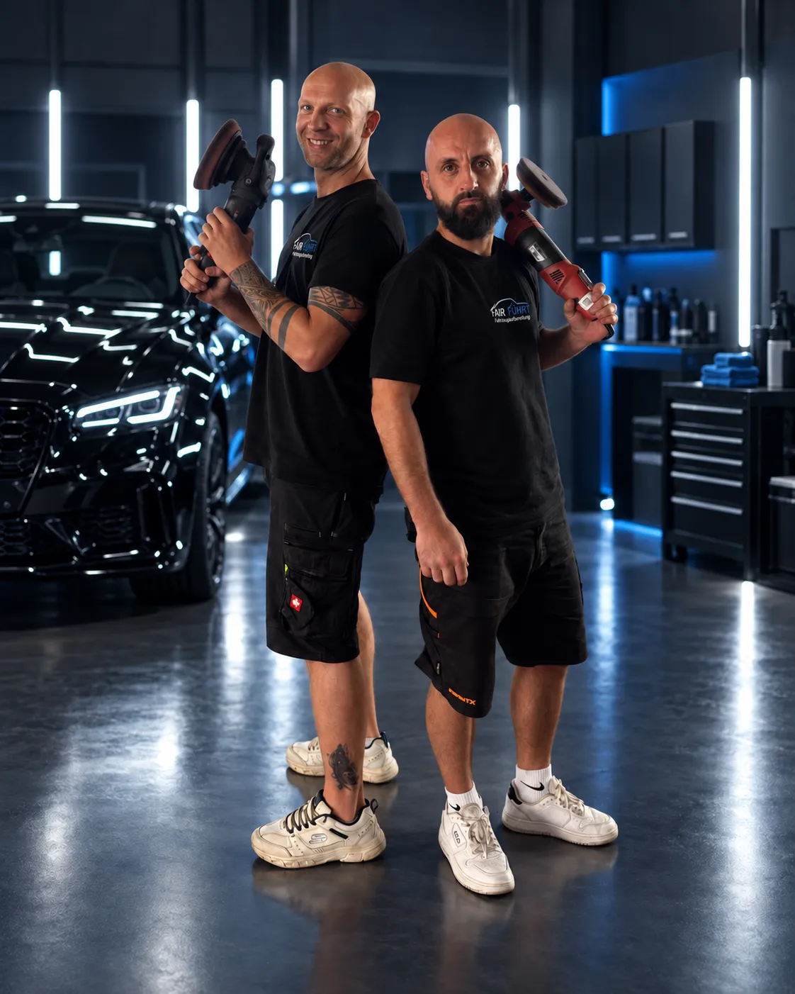 Jens und Ricardo von FairFührt mit Poliermaschinen vor einem frisch aufbereiteten schwarzen Fahrzeug