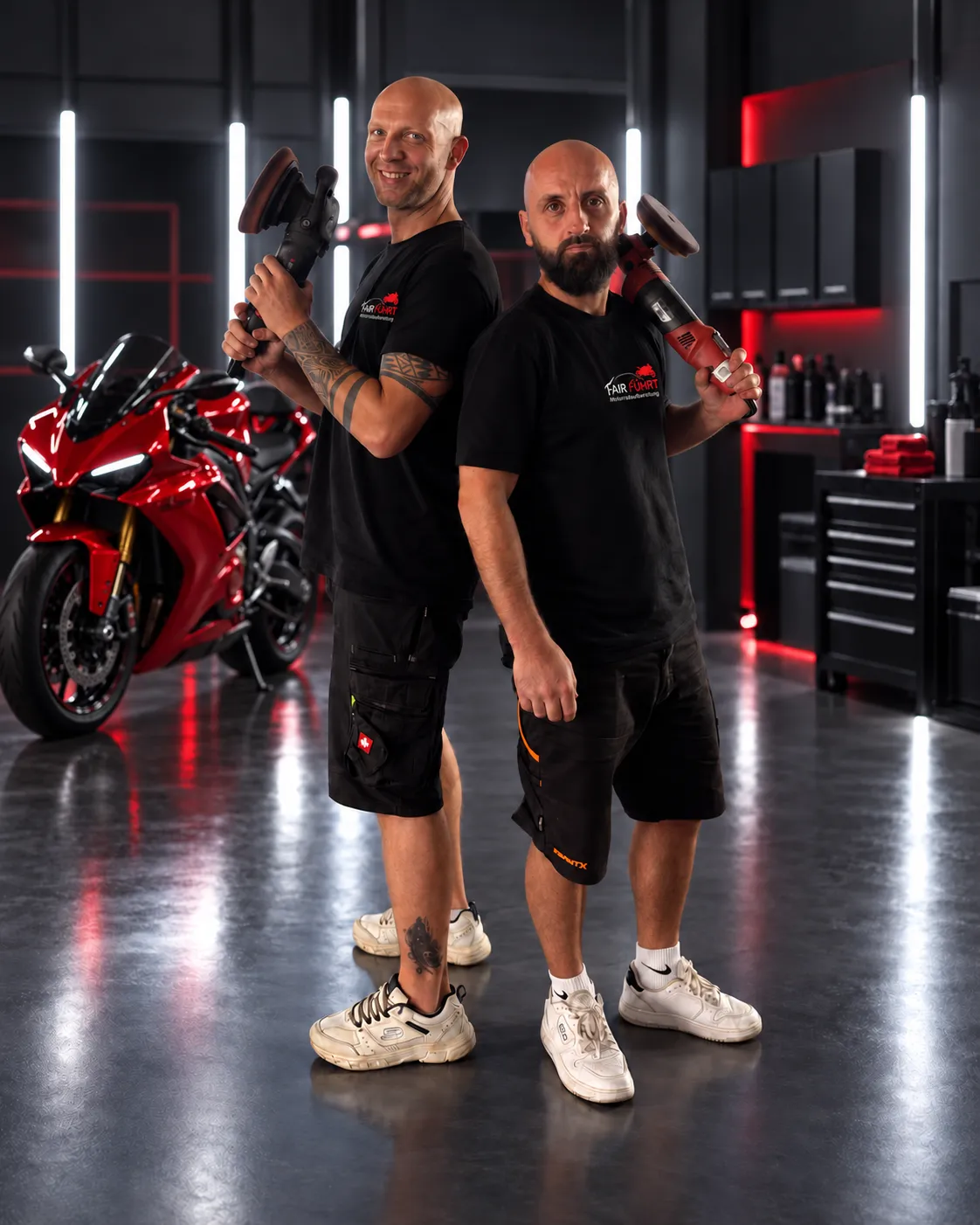 Jens und Ricardo von FairFührt mit Poliermaschinen vor einem frisch aufbereiteten roten Sportmotorrad